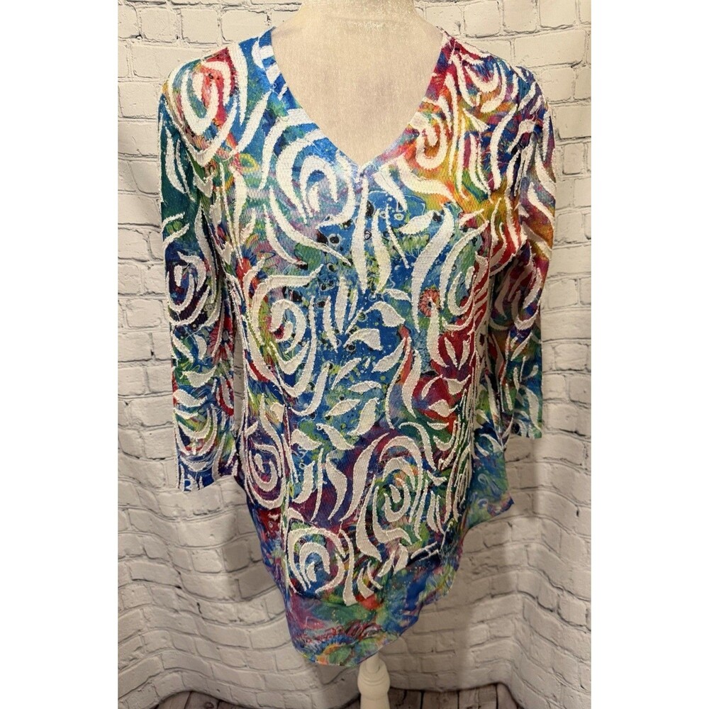 Leoma Lovegrove Women's 3/4 Sleeve Asymmetrical Hem Colorful Top Blouse Art M